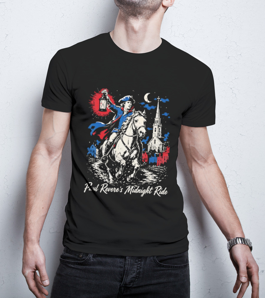 Paul Revere Midnight Ride American Revolutionary War Patriotic Historical Scene With Lantern And Church T-Shirt