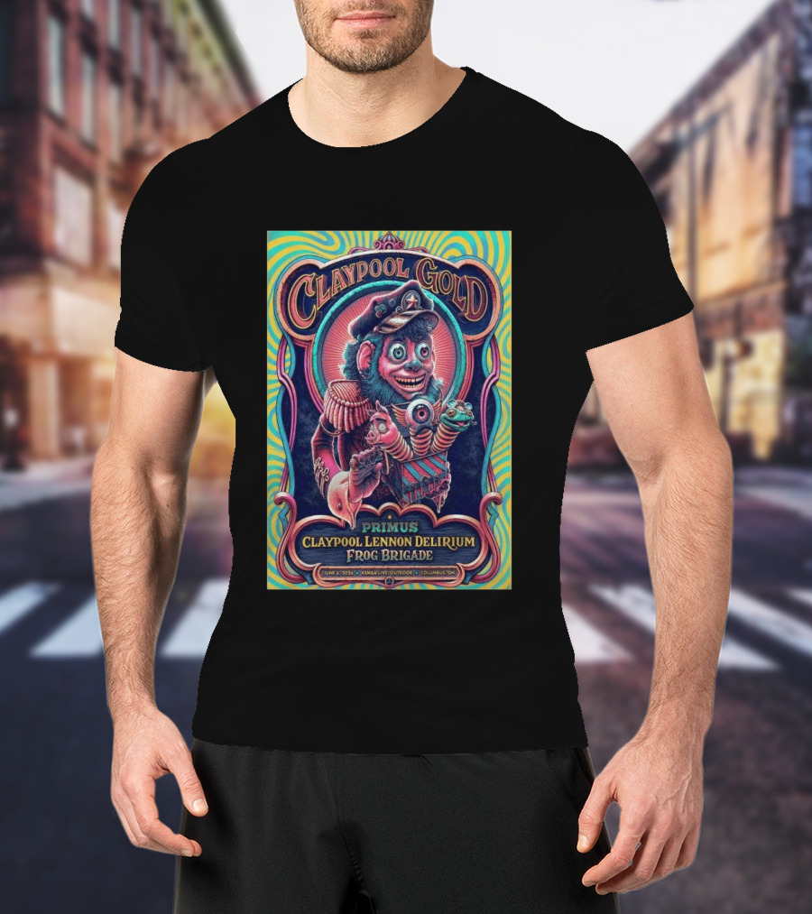 Primus Claypool Lennon Delirium Frog Brigade Columbus OH June 6 2026 Claypool Gold T-Shirt