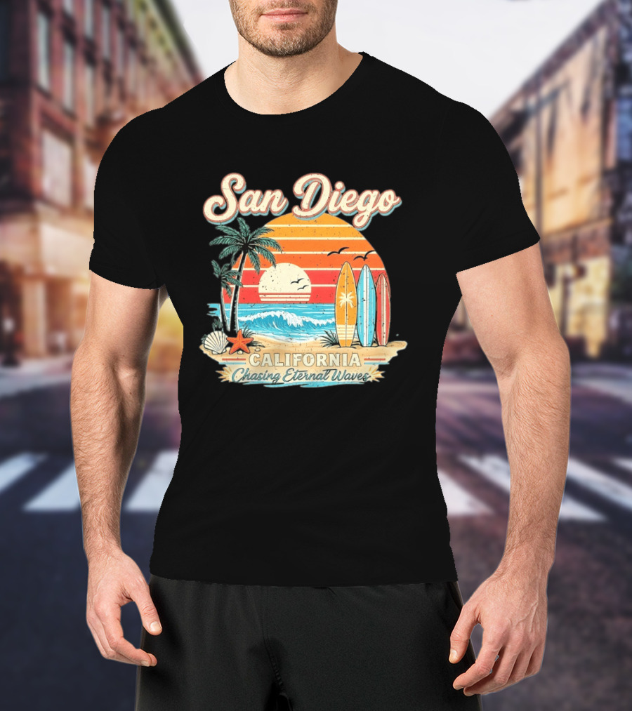 San Diego California Surfing Sunrise Chasing Eternal Waves Beach Vacation T-Shirt