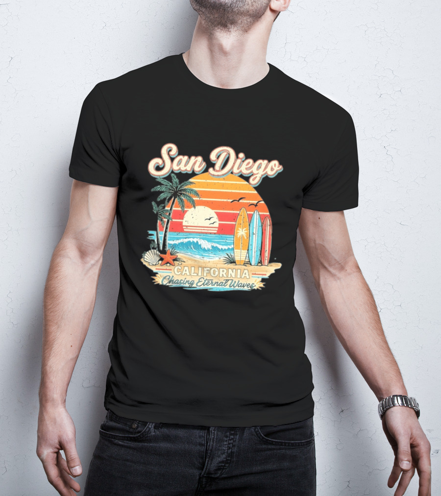 San Diego California Surfing Sunrise Chasing Eternal Waves Beach Vacation T-Shirt