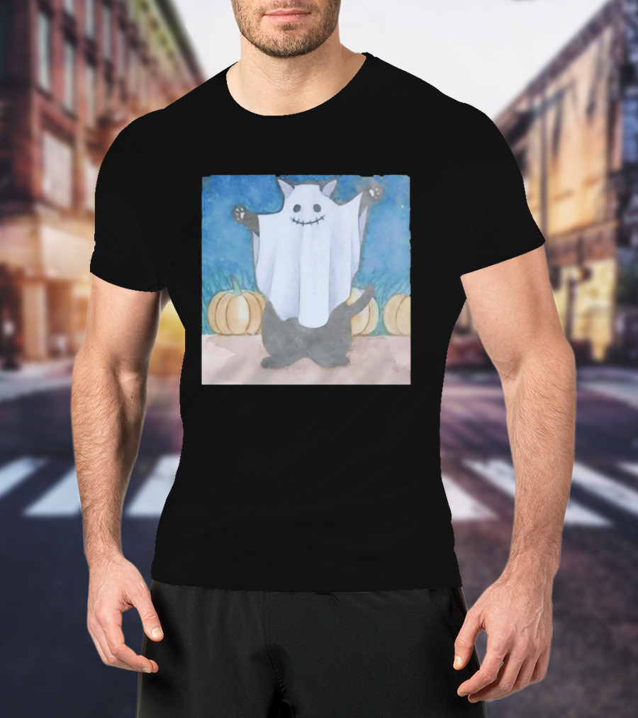 Spooky Black Cat In Ghost Costume With Pumpkins Halloween T-Shirt