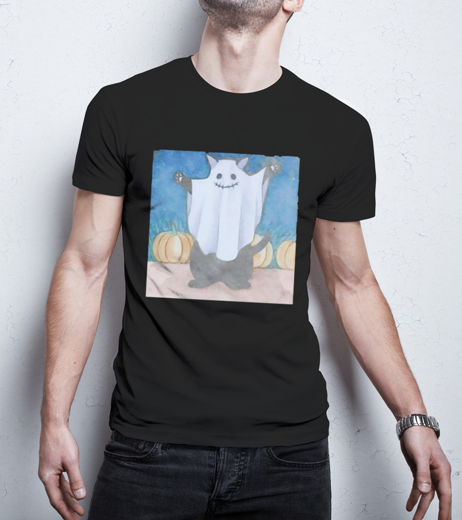 Spooky Black Cat In Ghost Costume With Pumpkins Halloween T-Shirt