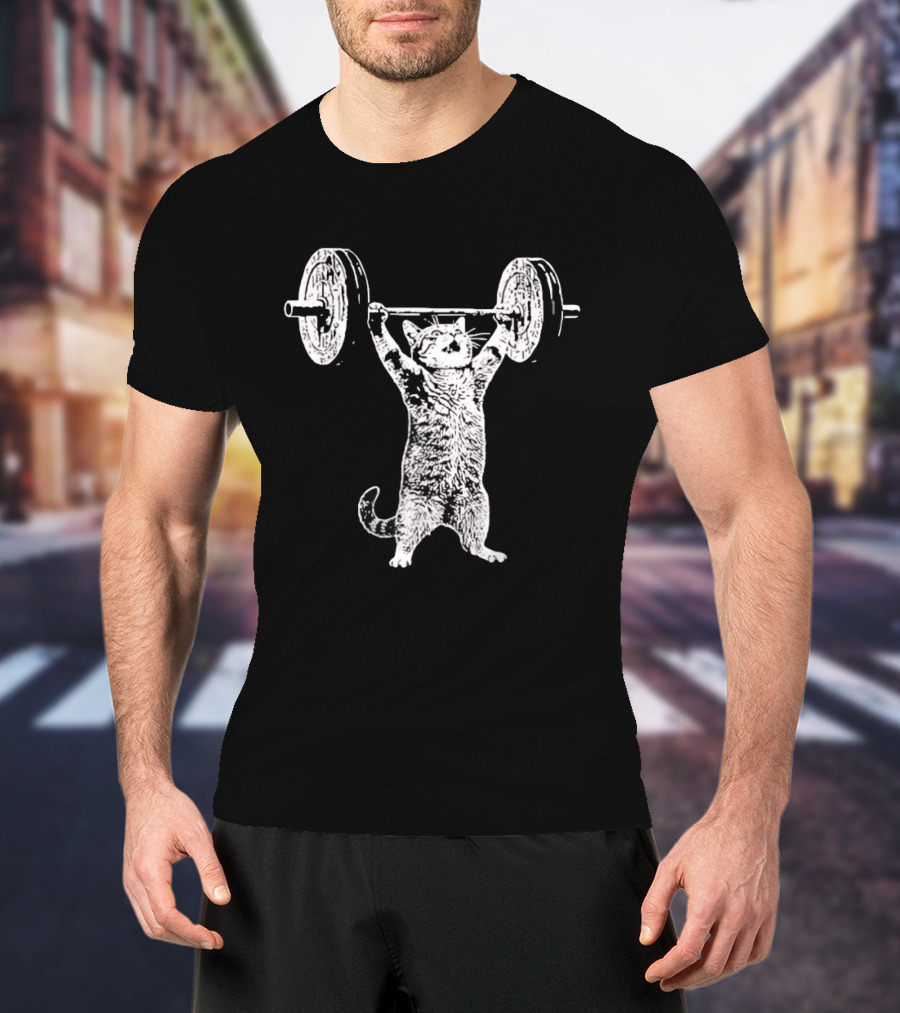 Cat Shoulder Overhead Press Weightlifting Feline Lifting Barbell T-Shirt
