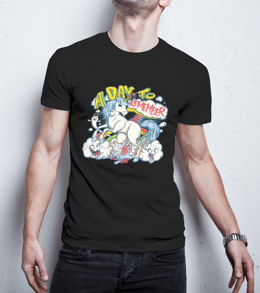 A Day To Remember Unicorn With Colorful Clouds And Characters T-Shirt