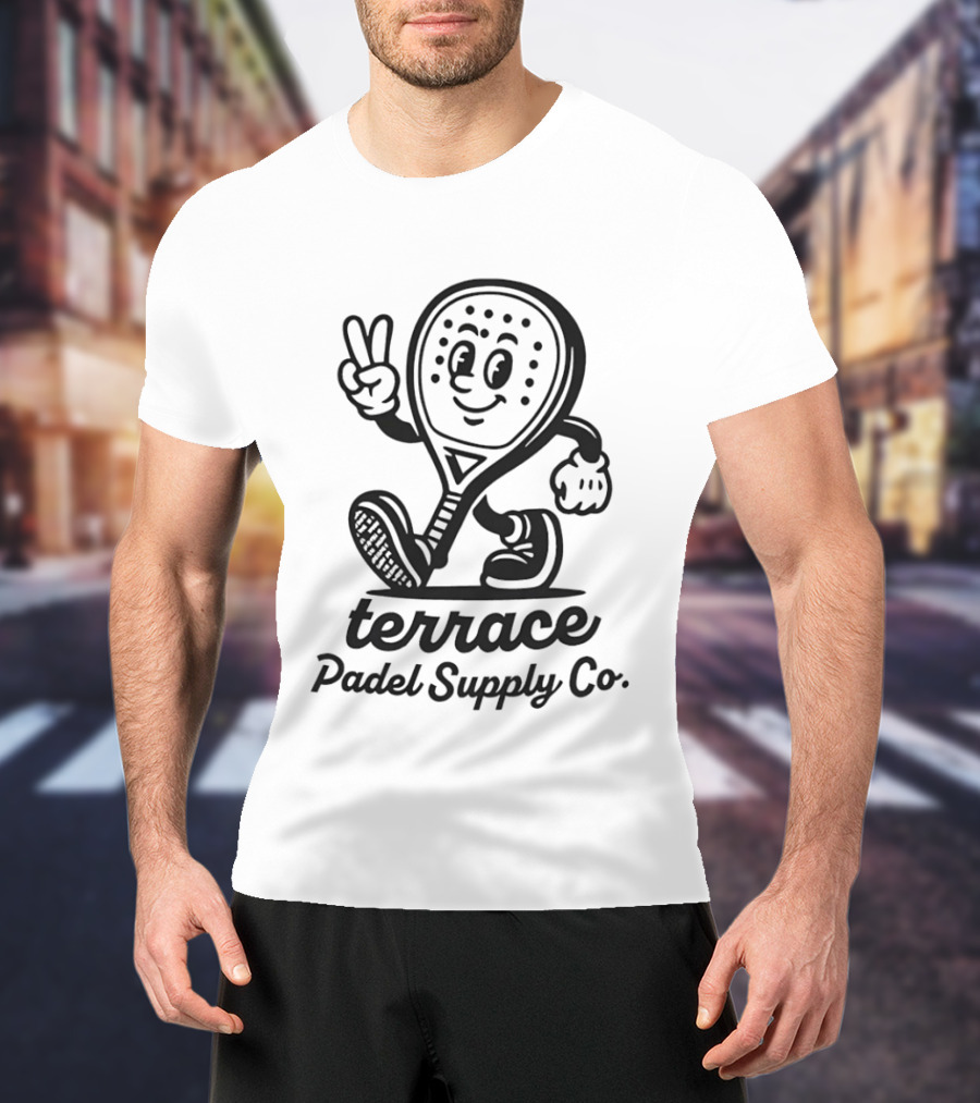 Terrace Padel Supply Co. Smiling Paddle Character Peace Sign T-Shirt