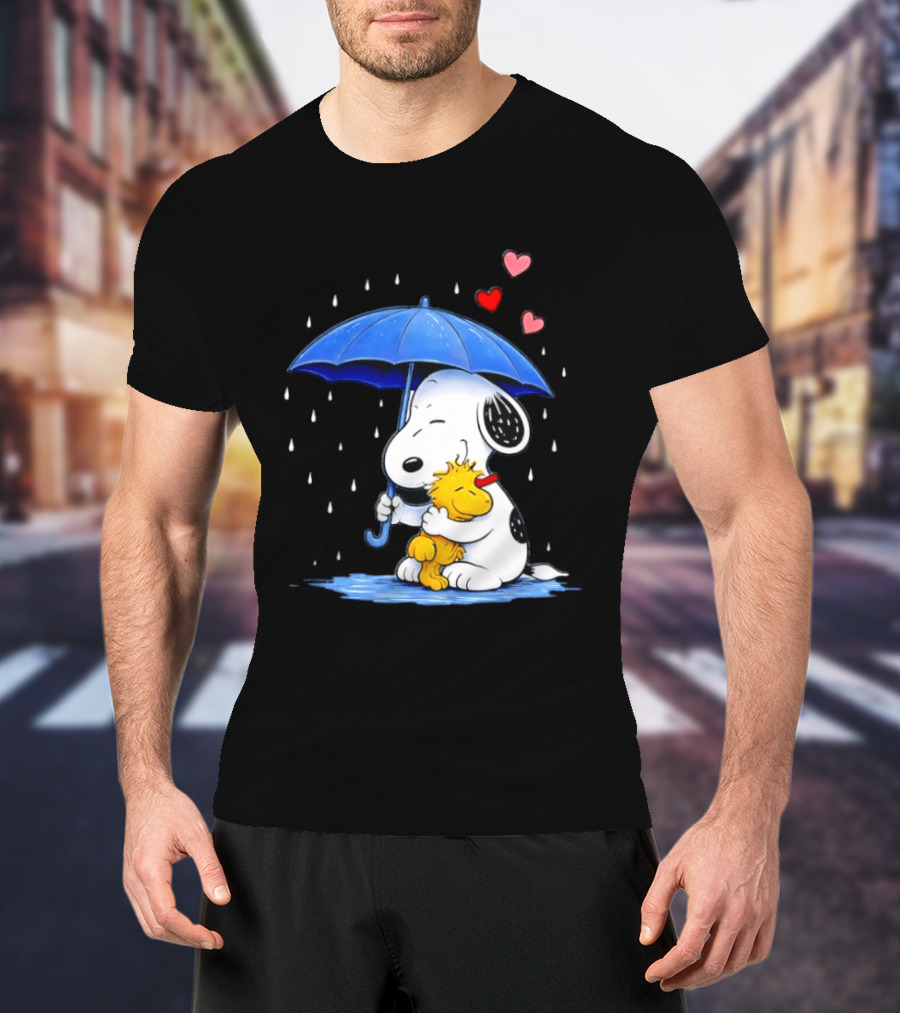 Snoopy Woodstock Umbrella Hearts Rain Hugging T-Shirt