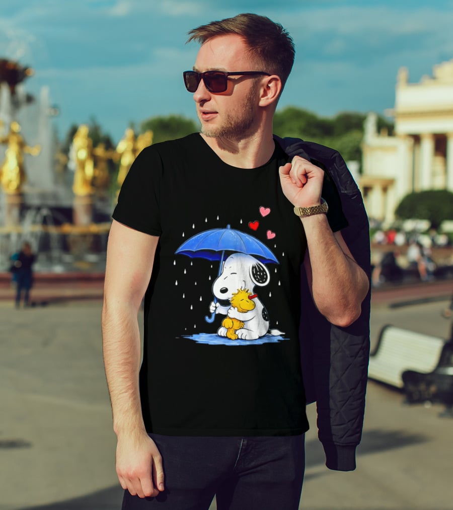 Snoopy Woodstock Umbrella Hearts Rain Hugging T-Shirt