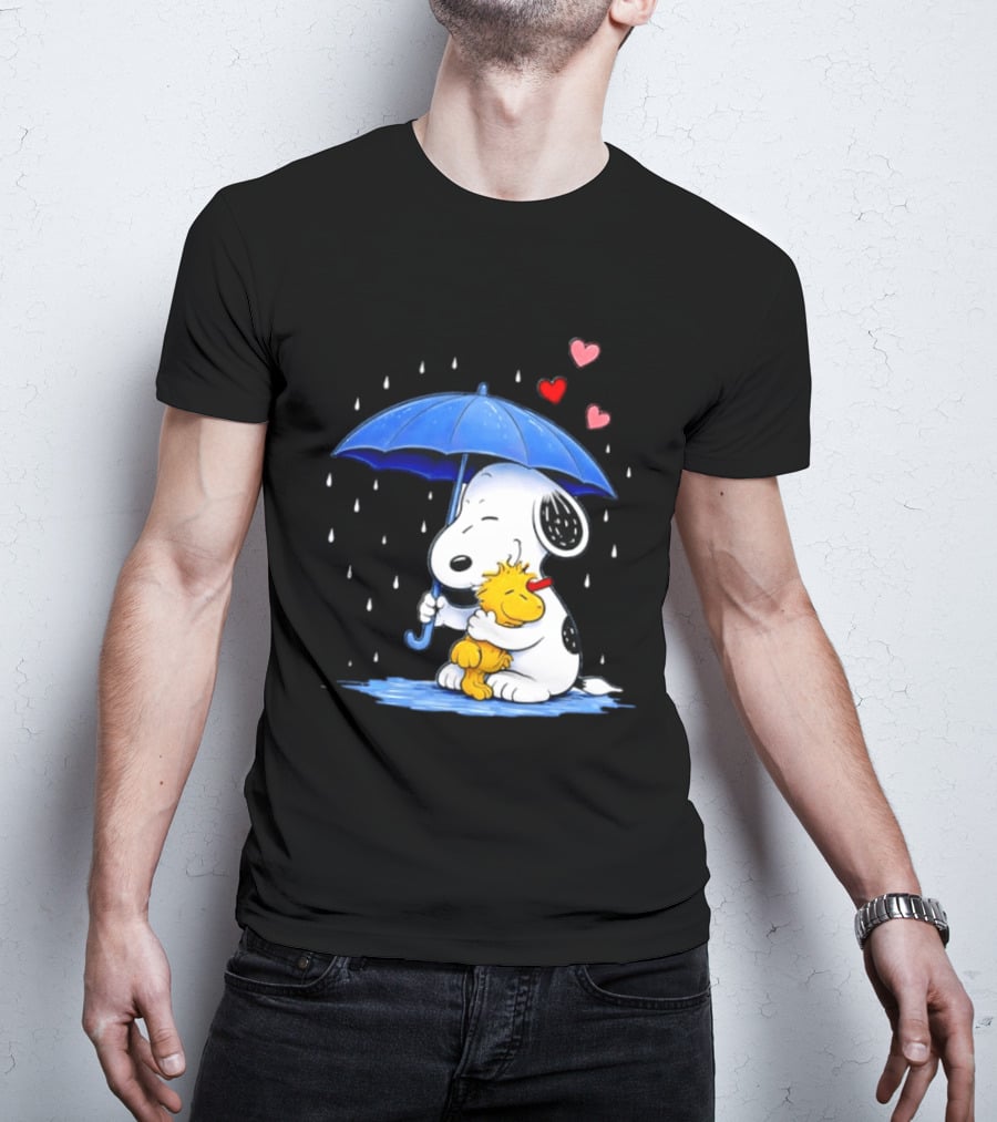 Snoopy Woodstock Umbrella Hearts Rain Hugging T-Shirt