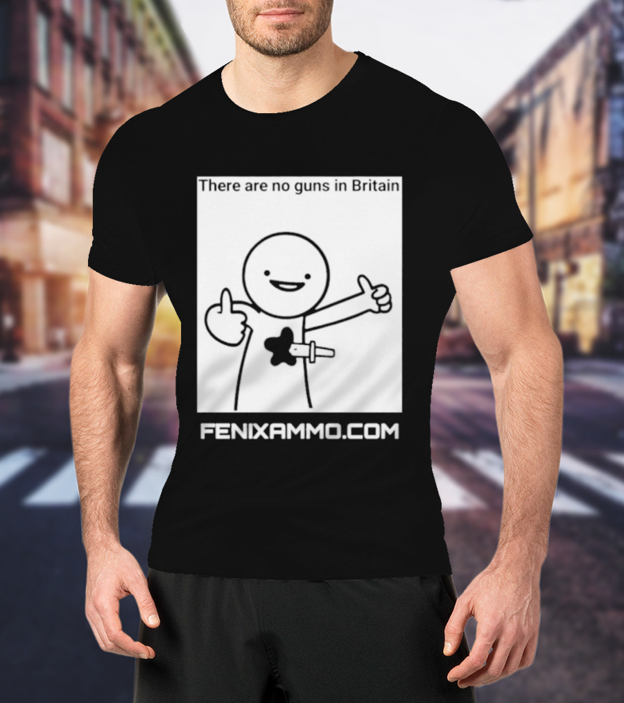 There Are No Guns In Britain Fenixammo Com Happy Character With Gun Hand Gesture T-Shirt