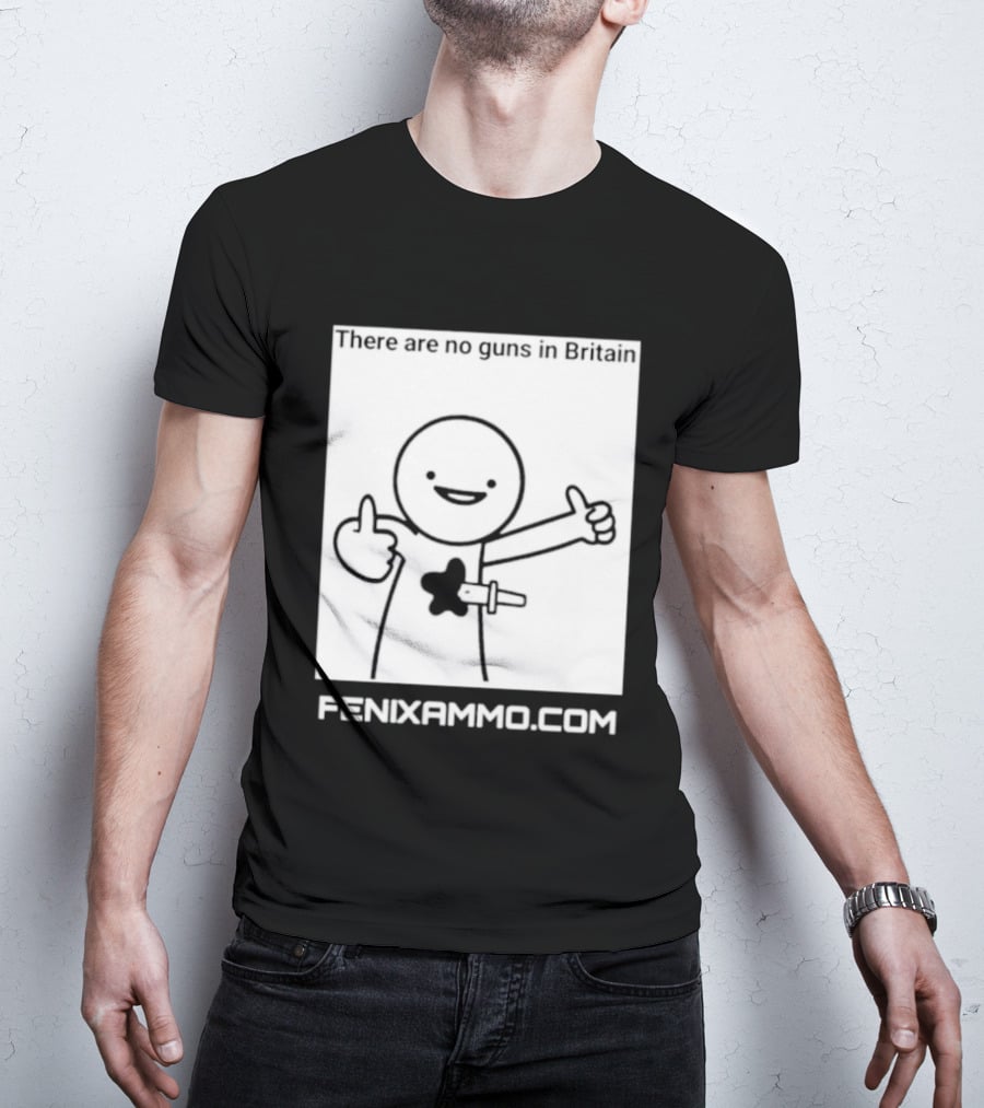 There Are No Guns In Britain Fenixammo Com Happy Character With Gun Hand Gesture T-Shirt