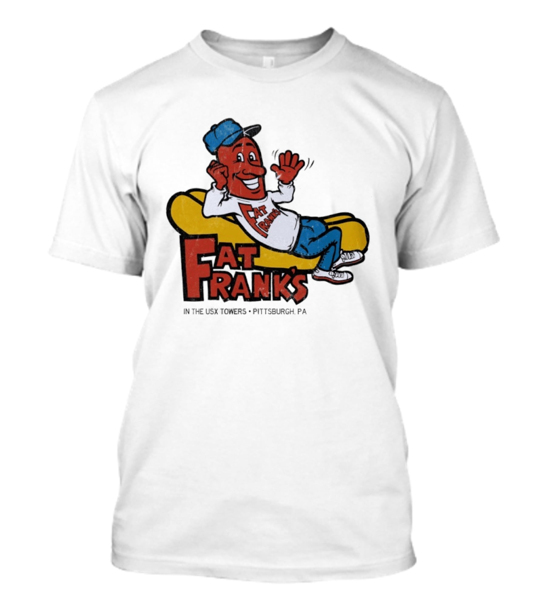 Fat Frank's In The USX Towers Pittsburgh PA Hot Dogs Retro Cartoon T-Shirt