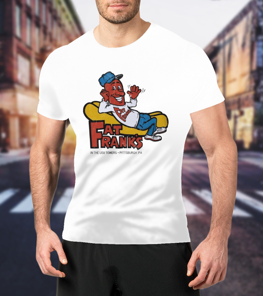 Fat Frank's In The USX Towers Pittsburgh PA Hot Dogs Retro Cartoon T-Shirt