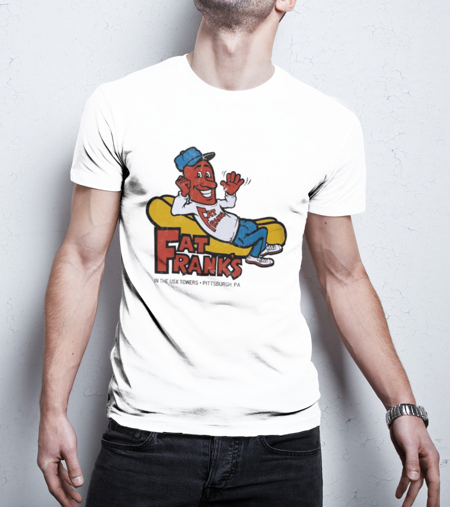 Fat Frank's In The USX Towers Pittsburgh PA Hot Dogs Retro Cartoon T-Shirt