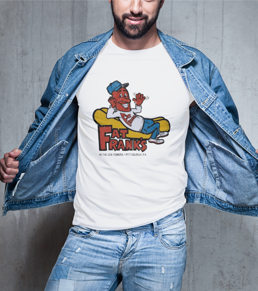 Fat Frank's In The USX Towers Pittsburgh PA Hot Dogs Retro Cartoon T-Shirt