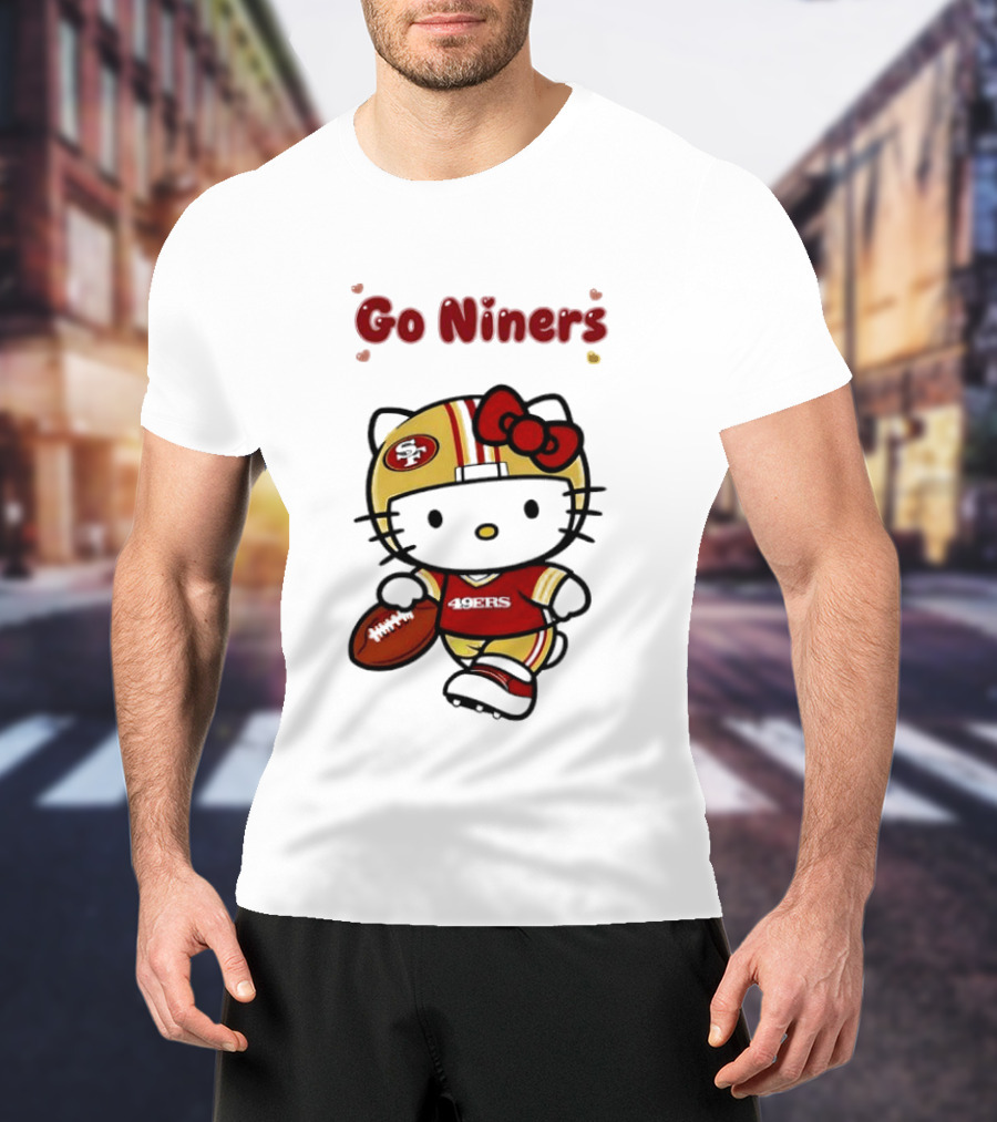 Go Niners SF Oval Gold Helmet Jersey Hello Kitty Football Bow T-Shirt