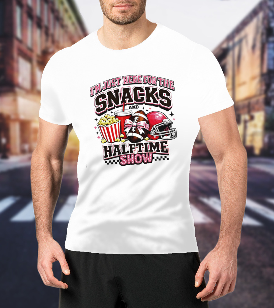 I'm Just Here For The Snacks And Halftime Show Football Popcorn Pink Coquette T-Shirt
