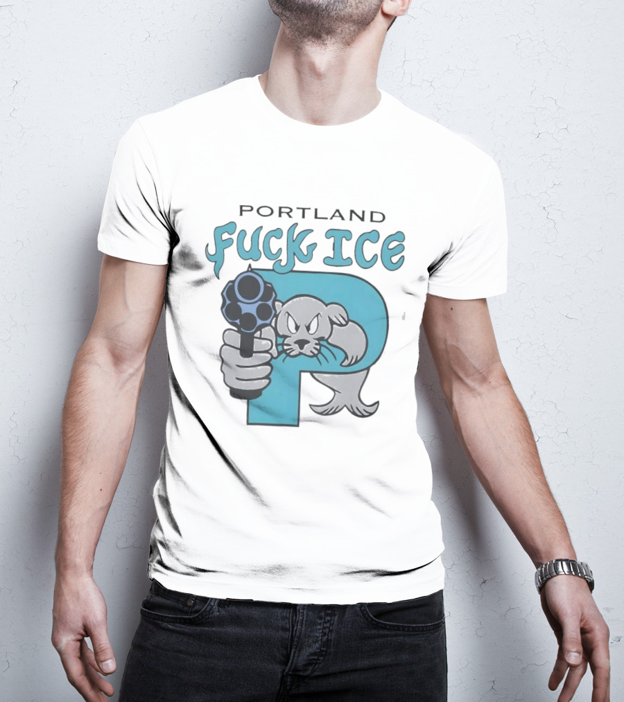 Portland Fuck ICE Seal Holding Revolver Protest T-Shirt