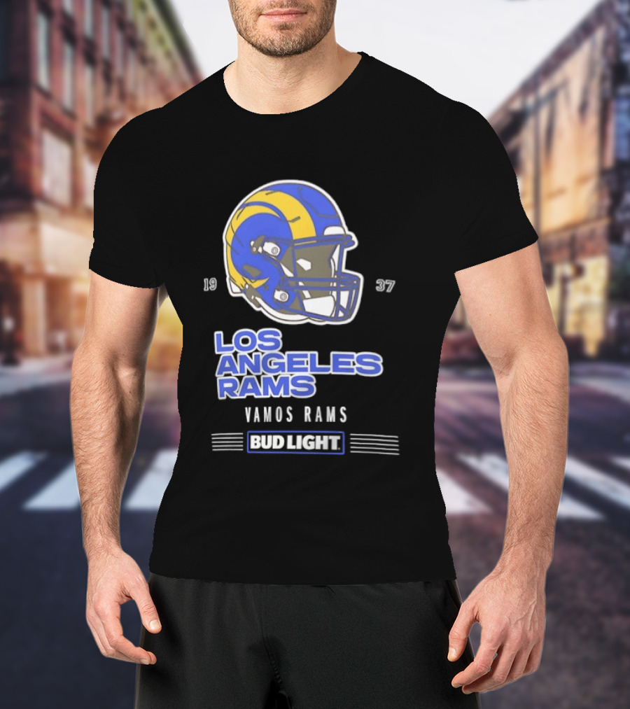 Los Angeles Rams Vamos Rams Bud Light 1937 Football Helmet T-Shirt