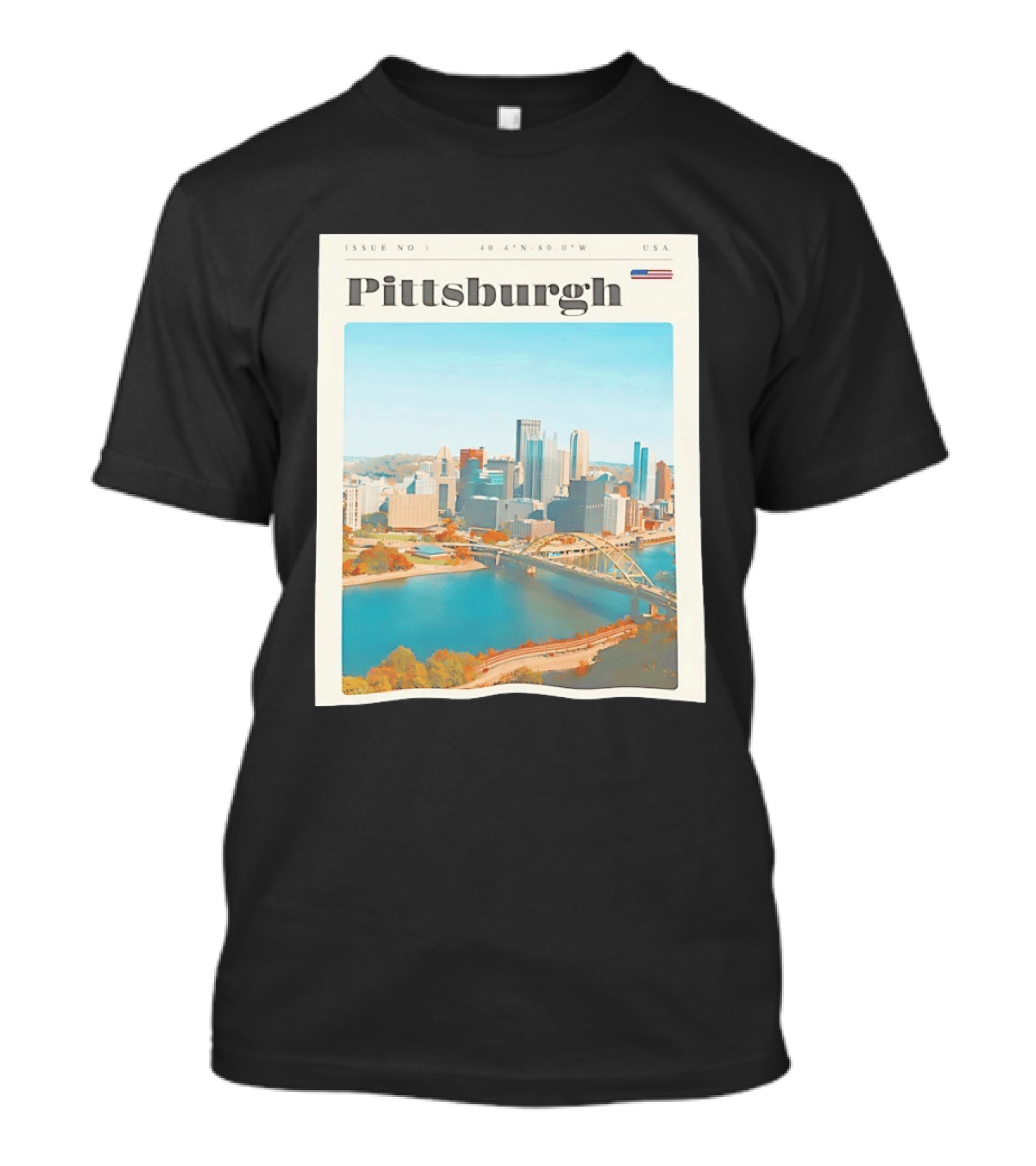 Pittsburgh Issue No 1 USA Flag 40.4°N 80.0°W Skyline T-Shirt