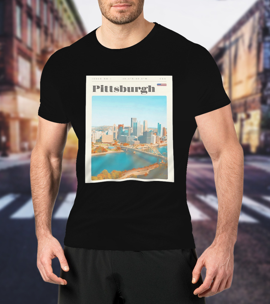 Pittsburgh Issue No 1 USA Flag 40.4°N 80.0°W Skyline T-Shirt