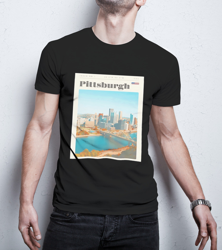 Pittsburgh Issue No 1 USA Flag 40.4°N 80.0°W Skyline T-Shirt
