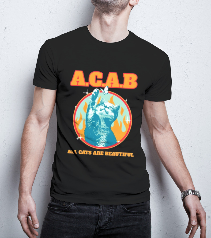 A.C.A.B Cat With Butterfly And Flames T-Shirt