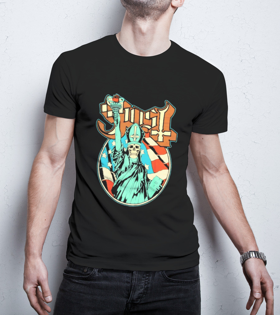 Ghost Statue Of Liberty Skeleton Torch Metal Band T-Shirt