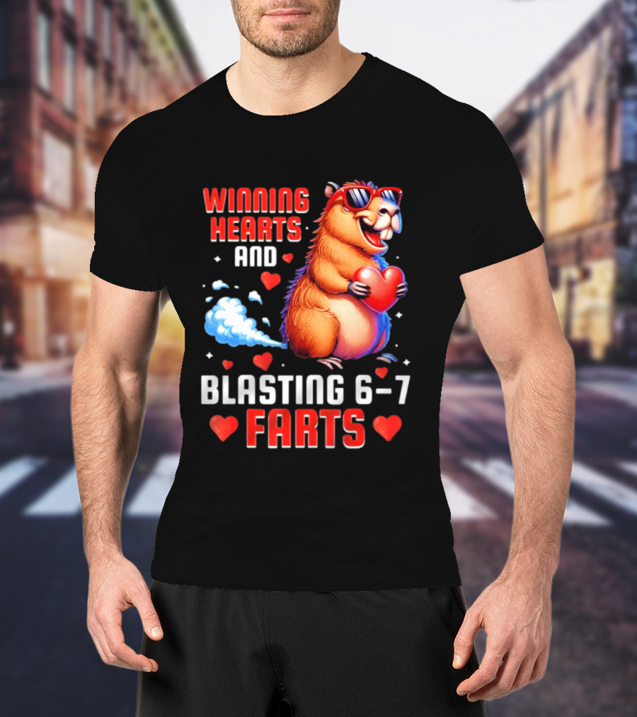 Winning Hearts And Blasting 6 7 Farts Capybara Valentine's Day T-Shirt