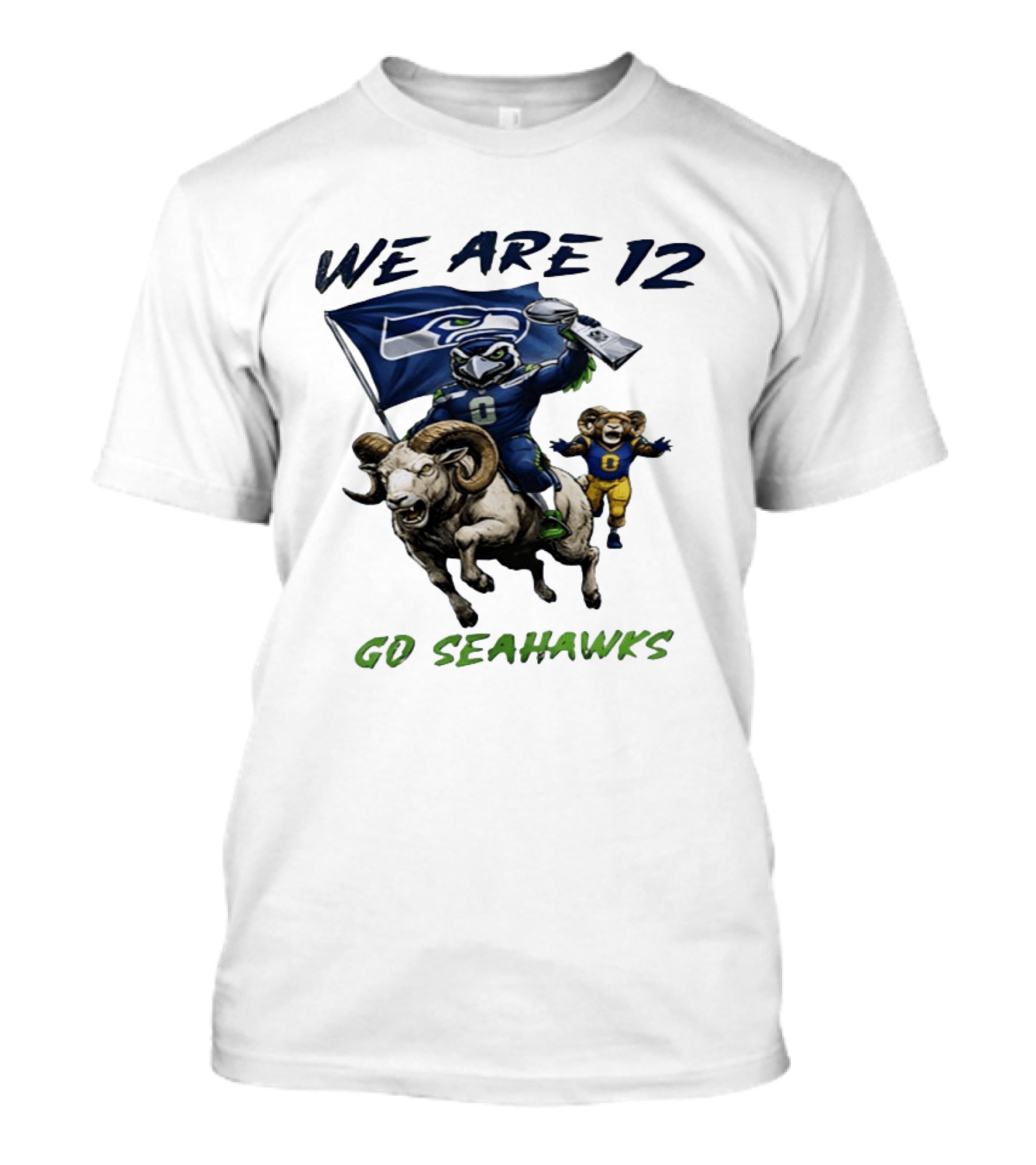 We Are 12 Go Seahawks Riding Goat With Seahawks Flag T-Shirt