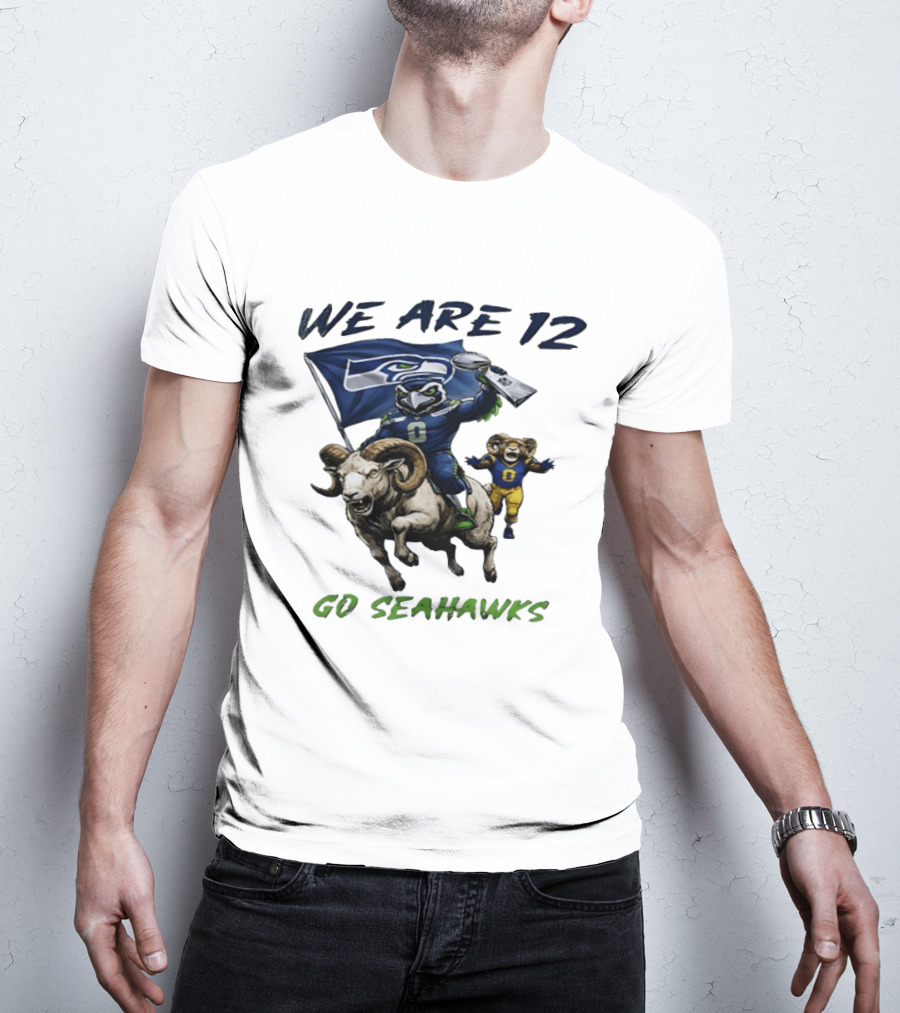 We Are 12 Go Seahawks Riding Goat With Seahawks Flag T-Shirt