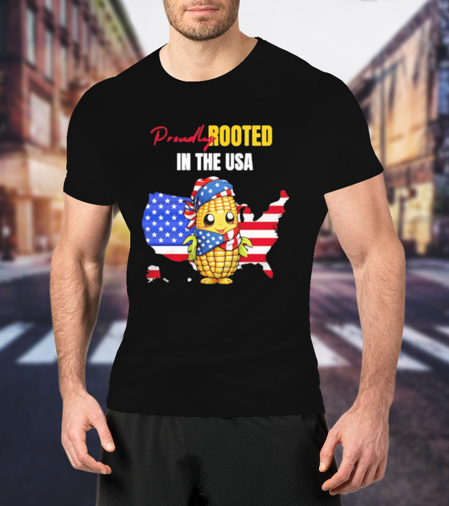 Proudly Rooted In The USA Corn American Flag Map T-Shirt