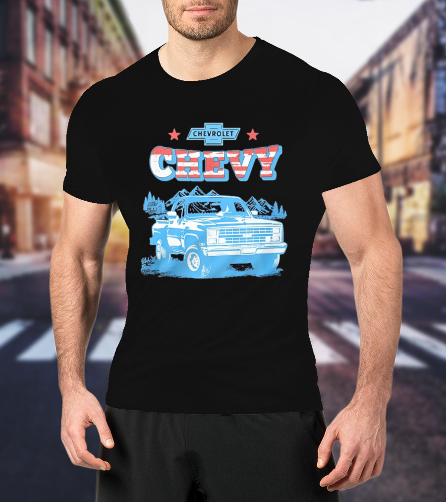 Chevy Chevrolet Truck Vintage Stars And Stripes Retro Mountain Scene T-Shirt