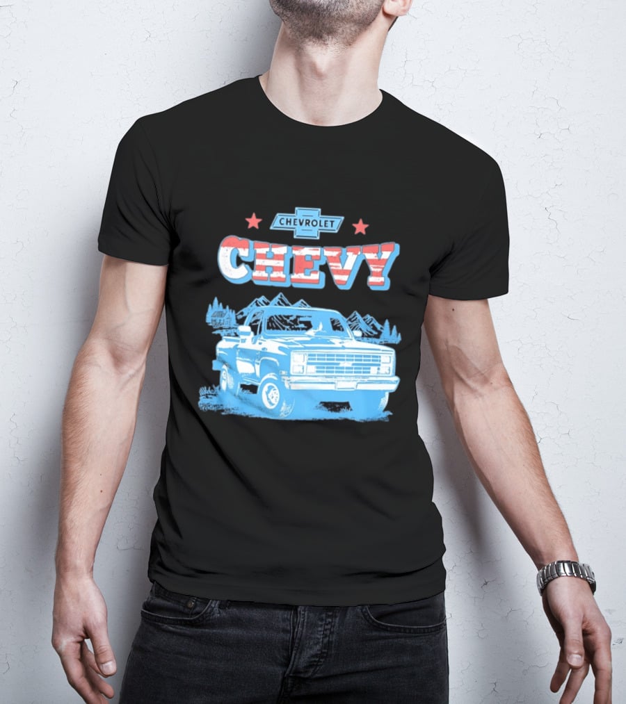 Chevy Chevrolet Truck Vintage Stars And Stripes Retro Mountain Scene T-Shirt