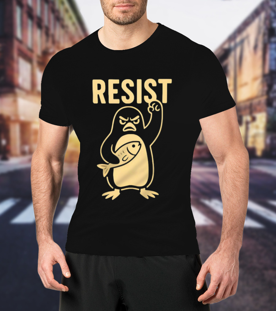 RESIST Angry Penguin Holding Fish T-Shirt