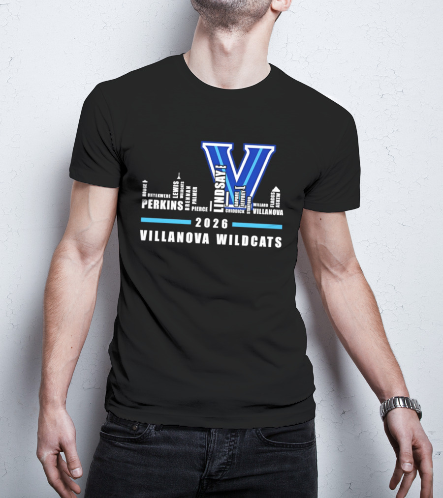 2026 Villanova Wildcats V With City Skyline And Player Names T-Shirt