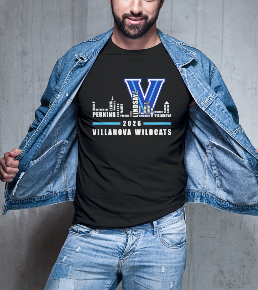 2026 Villanova Wildcats V With City Skyline And Player Names T-Shirt