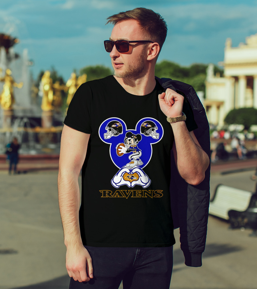 Baltimore Ravens Mickey Mouse Heart Hands Football Helmets T-Shirt