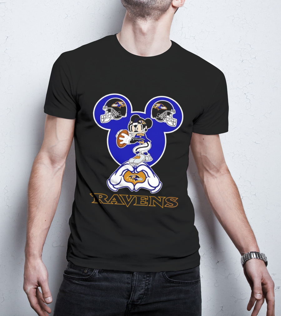 Baltimore Ravens Mickey Mouse Heart Hands Football Helmets T-Shirt