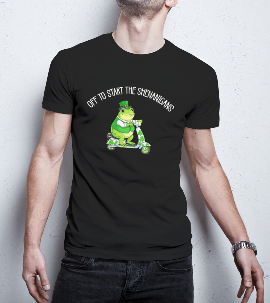 Off To Start The Shenanigans Frog Scooter St. Patrick's Day T-Shirt