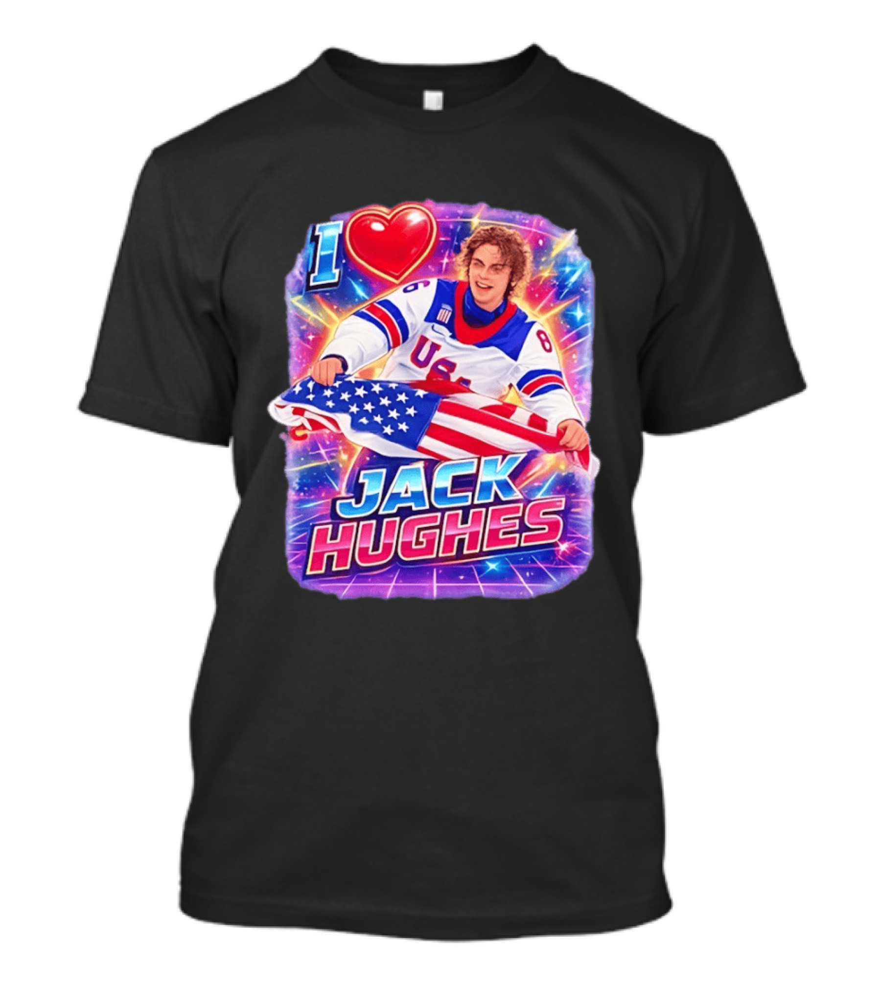 I Love Jack Hughes USA Hockey Flag Celebration T-Shirt