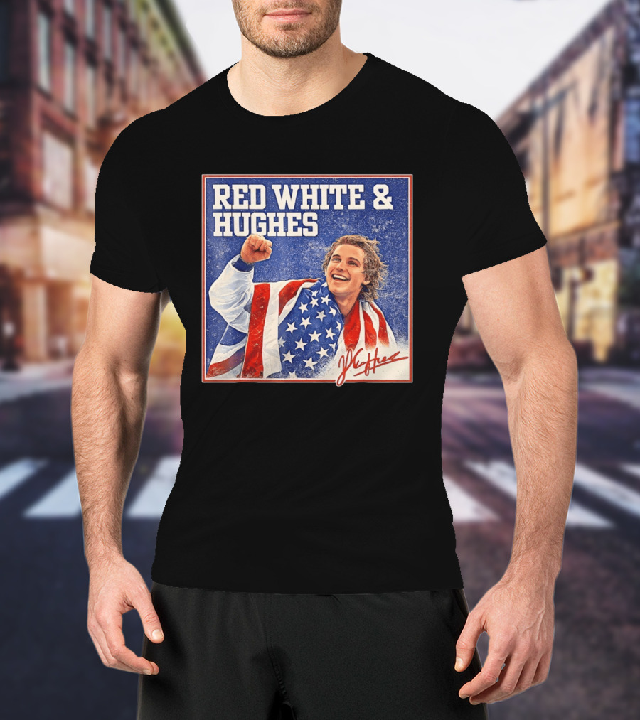 Red White & Hughes USA Jack Hughes Signature Fist Pump Celebration T-Shirt