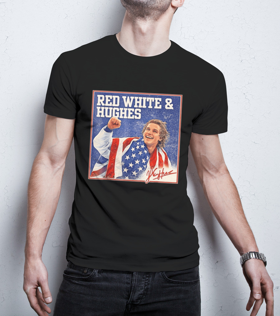 Red White & Hughes USA Jack Hughes Signature Fist Pump Celebration T-Shirt