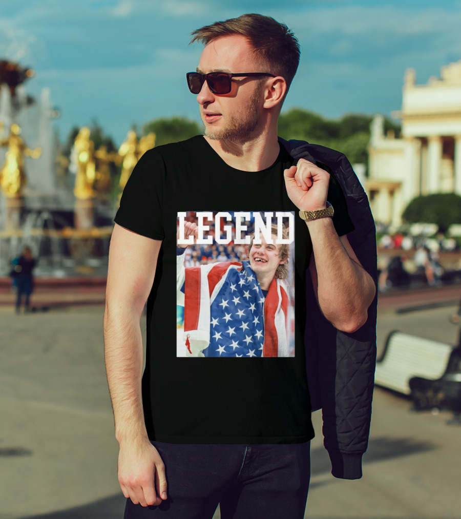 Men's Hockey USA Jack Hughes Legend American Flag Victory Celebration T-Shirt