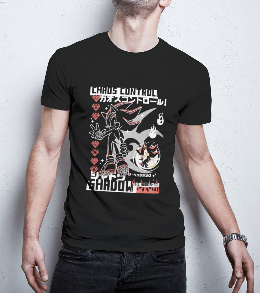 Chaos Control Shadow Soni The Hedgehog Japanese Text Emeralds T-Shirt