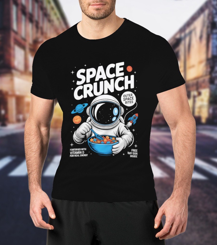 Space Crunch Outer Space Bites Astronaut Eating Cereal Planets Rockets T-Shirt