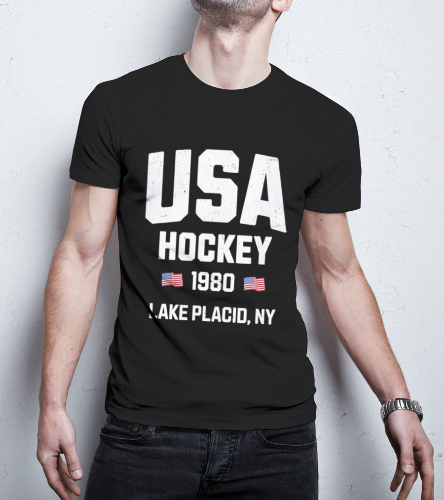 USA Hockey 1980 Lake Placid NY American Flags T-Shirt