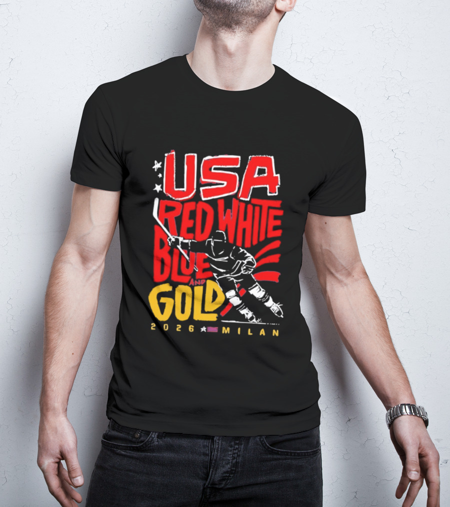 USA Hockey Red White Blue Gold 2026 Milan Sports Event T-Shirt