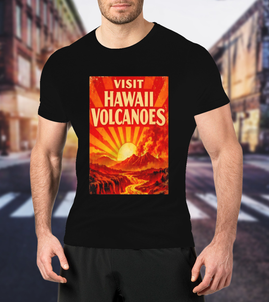 Visit Hawaii Volcanoes Vintage Travel With Erupting Mountain And Sunset Rays T-Shirt