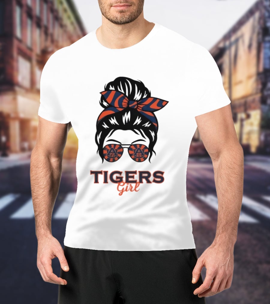 Auburn Tigers Girl Messy Bun Glasses Bow T-Shirt