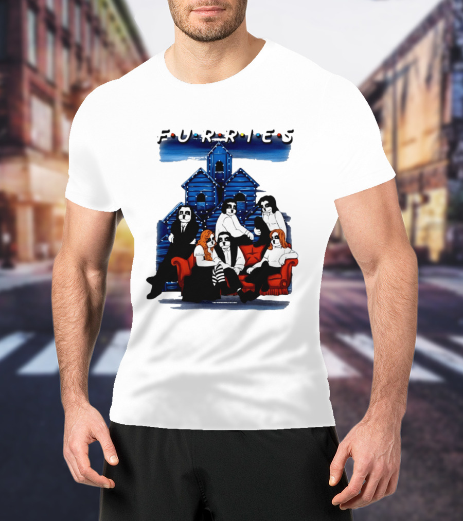 Furries Friends Group Sitting In Front Of Blue Houses T-Shirt